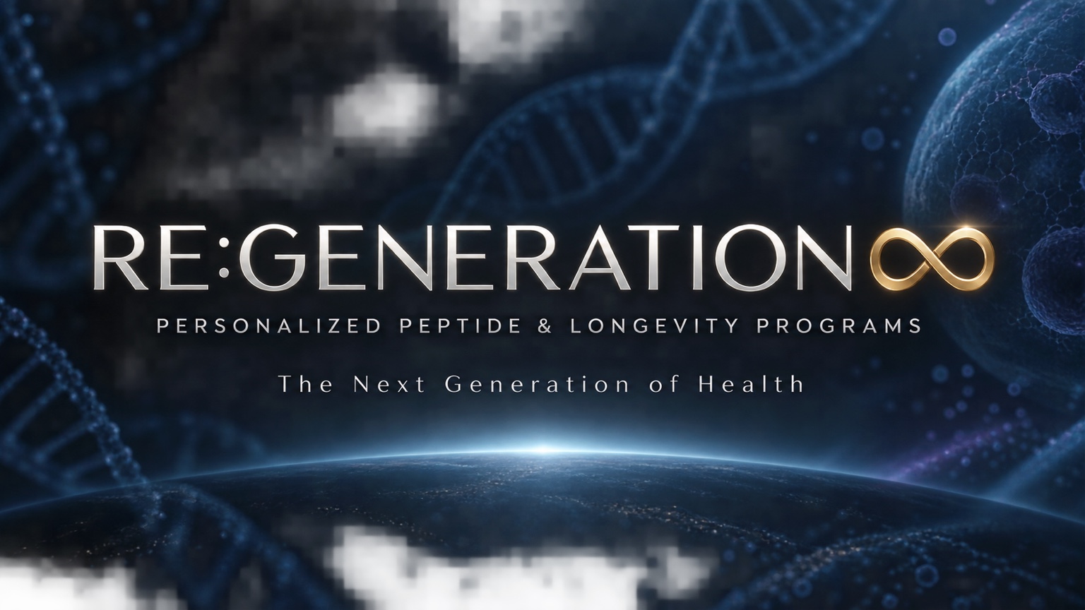 RE:GENERATION infinity symbol above Earth and a luminous DNA helix